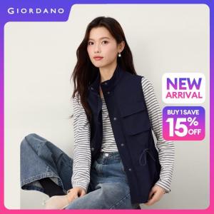 Giordano Women Stand collar cargo pockets drawstring waist vest Free Shipping 05376687