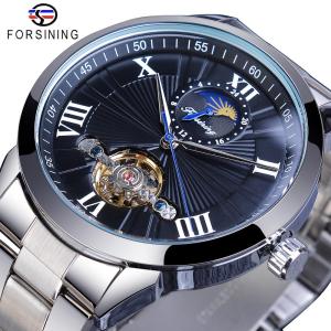 Forsining hot fashion mens stainless steel tourbillon design black moon phase dial mens automatic mechanical watch top brand luxury. Mens gifts