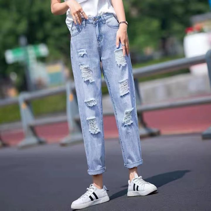 Korean Style Tattered Ripped Mom Jeans Baggy Not Stretchy Hard Denim 80's  Retro Pants 2746