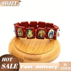 SDJZT Vòng tay Mân Côi bằng gỗ-Hình dán biểu tượng tôn giáo thanh lịch hoàn thiện bằng lớp dầu nhỏ giọt trang sức cầu nguyện hạt mang tính tâm linh dành cho việc mặc để thờ phượng.