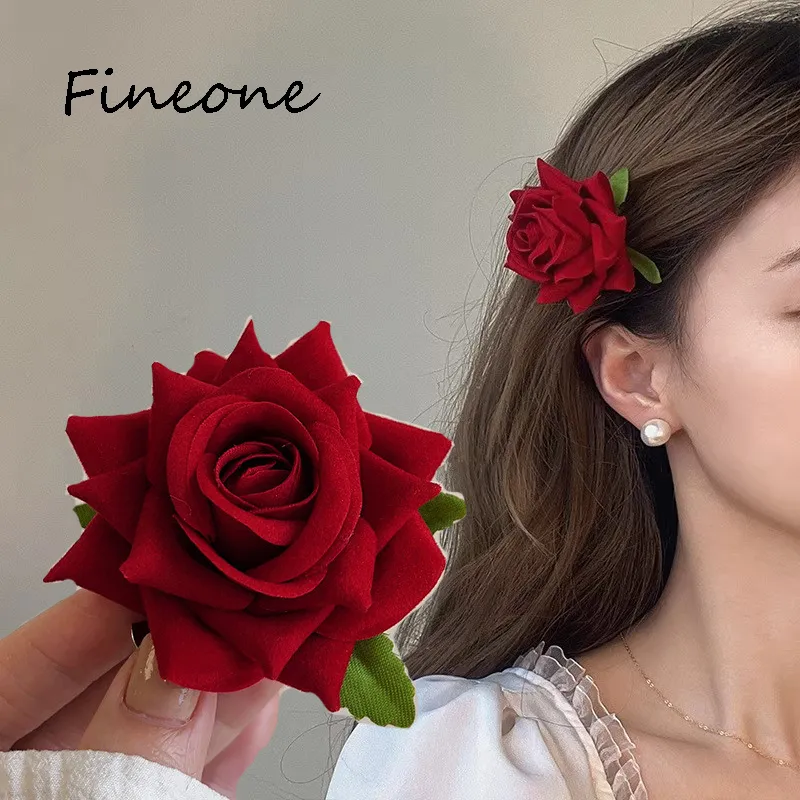 Red Roses Hair Clips Chic Fashion Flowers Hairpins Handmade