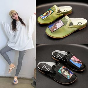 MANXIXI Brand INS Style Slippers Fashion Beautiful Graffiti Pattern Translucent Leisure Flat Mules Sandals for Women (Size 35-40)