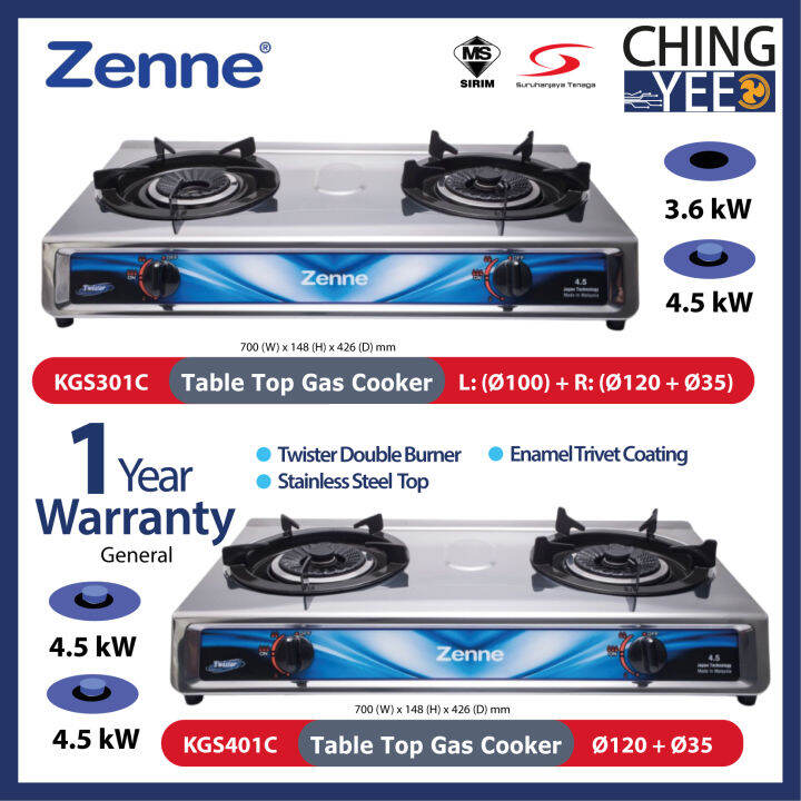 Zenne Kgs301c And Kgs401c Twister Double Burner Table Top Gas Cooker Stainless Steel Top 45kw 1925