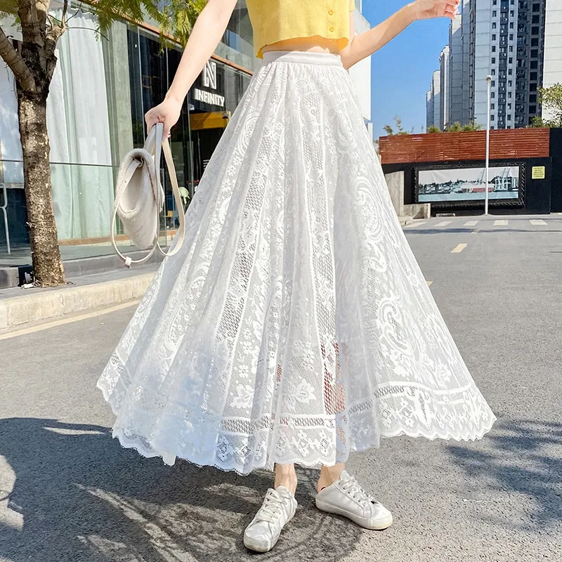 Women Long Lace Tulle Skirt Spring Summer Autumn Fashion Casual Elastic  Waist Flare Swing Long Maxi Beach Pleated Tutu Holiday Beach Skirts White 
