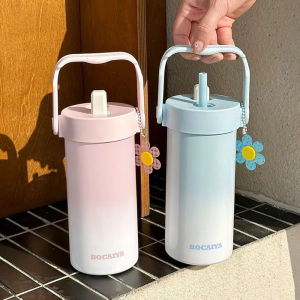 CANICE 600มิลลิลิตร แก้วน้ำ กระเบื้อง ความจุขนาดใหญ่ ถ้วยสูญญากาศ กลางแจ้ง ฝาครอบกันฝุ่น แก้วน้ำแบบมีหลอด