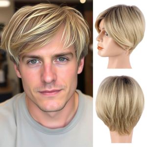 CHICNOOK คอสเพลย์ วิกผมผู้ชายแฟชั่น สมจริง วิก วิกผมสังเคราะห์แบบหลายชั้น หัวเต็ม ทอง ทรงผมตรงสั้น งานปาร์ตี้คอสตูม