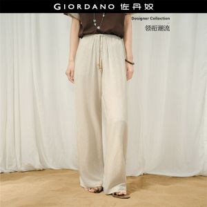 Giordano Women Linen-blend drawstring waist wide leg pants Free Shipping 18416710