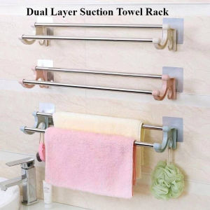 1pc Strong Paste Dual Layer Suction Towel Rack Punch-free Towel Hook Holder for Bathroom Double Poles Seemless Stickers Bathroom Towel Rack Toilet Stainless Steel Hanging Towel Rack