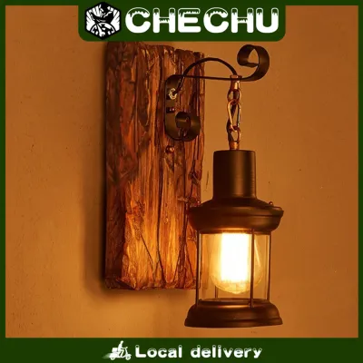 【Local delivery】 Outdoor Antique LED Loft Bamboo Wall Lamp Wood Glass Restaurant Cafe Bar Sconces Lampara Light Vintage Industrial Retro Wall Mounted Lighting Fixture
