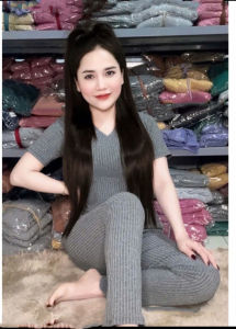 Đồ bộ cổ tim tay ngắn quần baggy Set đồ bộ nữ mặc nhà đồ bộ gân đũa lạnh đồ bộ thun lạnh đồ bộ ủ kem