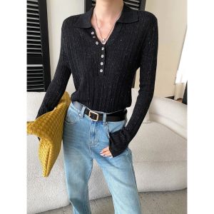 2026 Autumn Women Lapel Half Open Button Retro Striped Texture Long Sleeve Knit Top Fashion Sweater