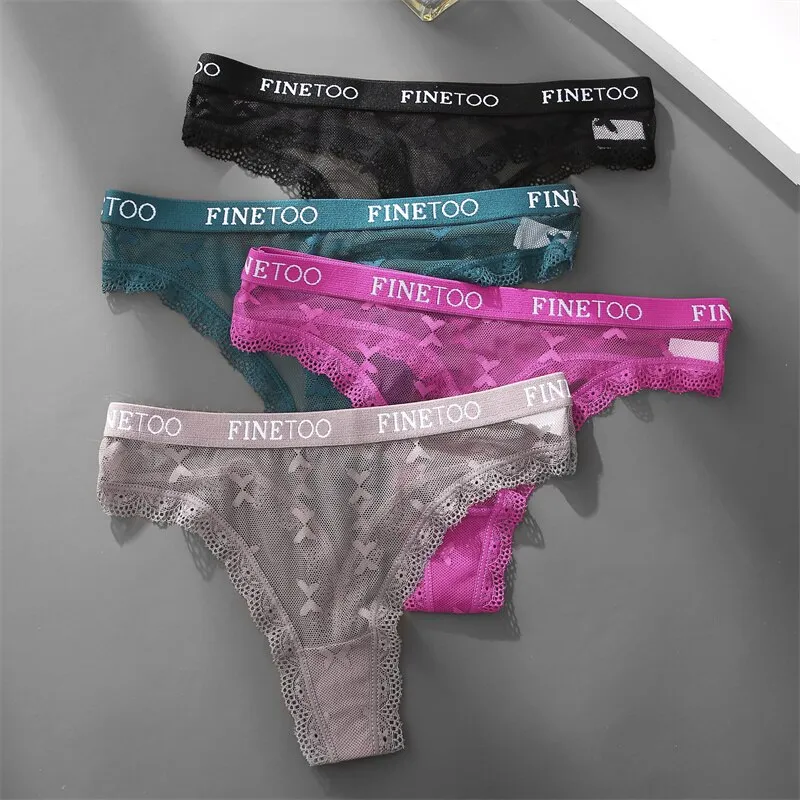 FINETOO 3PCS/Set Women Lace Thongs Panties Sexy Floral Underwear Girl  Fashion Women's Letter Strap S-XL Female Lingerie