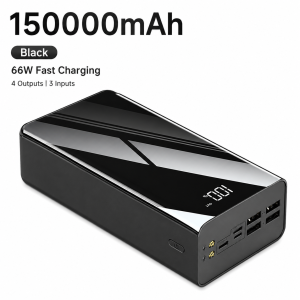 Black 150000 mAh Power Bank with 66W Super Fast Charge High-Capacity Long Lasting Dual LED Multi-Protect 4x USB-A 1x Type-C 1x Micro Input