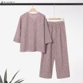 Celmia ZANZEA Women Two-piece Outfits Retro 3/4 Sleeve Loose Top Elastic Waist Trousers Grid Printed Sets #1208. 
