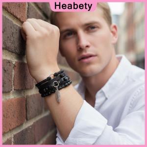 Heabety Set Braided Wrap Leather Bracelets Bangle For Men Vintage Feather Rudder Charm Wood Beads Ethnic Tribal Wristband Rope Bracelet