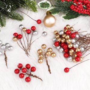 100pcs Christmas Decor Artificial Holly Berry Wire Bundle Mini 10 Mm Fake Berries on Wire for DIY Xmas Tree Craft Making