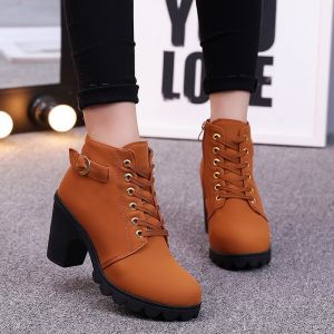 [Free Shipping] Autumn High-Heeled Ankle Boots With Buckle Straps WomenS Chunky-Heeled Short Boots Round-Toe Lace-Up Boots And Riding Boots