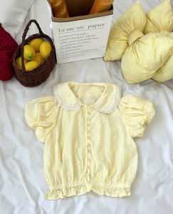 Xanh/ Vàng pastel Thêu hoa nổi Áo sơ mi babydoll cổ sen 2 lớp viền ren tay ngắn bồng cúc gài bo chun co giãn siêu xinh TM