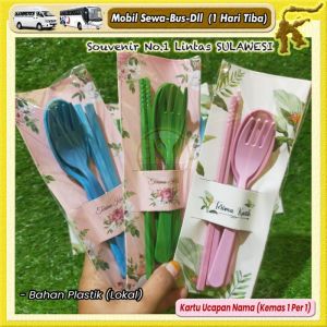 ( isi 50 pcs ) Souvenir Sendok Garpu Sumpit LOKAL Set Travel Kemas ALAS Kartu Ucapan Makassar