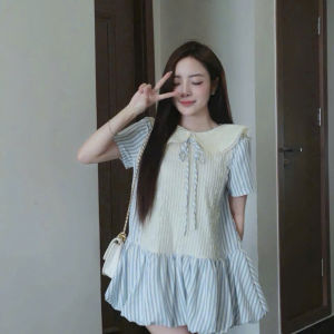 MK_Đầm sọc mặc hè đầm tiểu thư dễ thương dáng ngắn form babydoll cổ bèo phối Ren buộc nơ kèm quần đáng yêu
