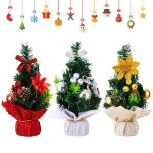 Mini Tabletop Artificial Christmas Tree With Ribbon Bow Ball Xmas Tree Ornaments Home Party Decor