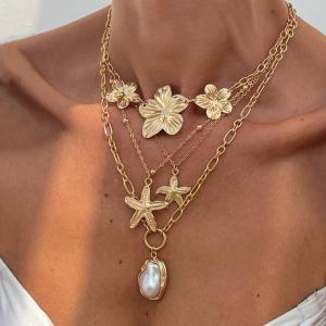 Hmeme สร้อยคอแฟชั่นจี้มุกเทียมรูปดอกไม้ปลาดาวสแตนเลสสำหรับผู้หญิงเครื่องประดับแบบวางซ้อนกันได้สำหรับปาร์ตี้ริมชายหาด