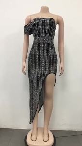 Rp♢Váy dạ hội gợi cảm lệch vai Midi Chiều dài lưới đính đá quấn ngực Áo choàng không đều cỡ lớn- * --4/8