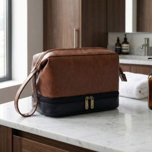 OMQAIO Retro Men Cosmetic Bag Large Capacity PU Leather Business Makeup Pouch Travel Organizer Dry-wet separation Toiletry Bag Men