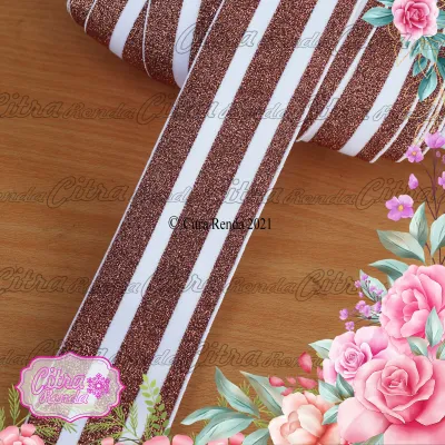 (Per 2 Meter) AS120 Karet Elastis Motif Salur Putih-Rose Gold Lebar 5Cm