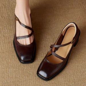 Soft Leather Version of Retro Comfortable Square-toe Block Heel Mary Jane Shoes Womens Heeled Straight Strap Pumps