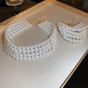 LUCKFRE Side-by-side Pearl Four Layer Necklace Ornaments Fashion Jewelry Bracelets Set Versatile Light Luxury Pearl Collarbone Chain Kit Wedding