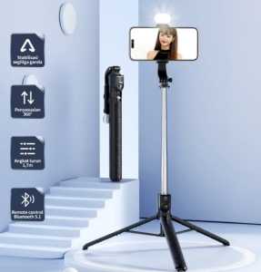 Tongsis Bluetooth Selfie Stick 3in1 Warna Dark Grey dengan LED & Remote Bluetooth untuk Live Streaming dan Vlog