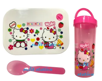 HELLO cat KITTY CHARACTER KIDS FOOD LUNCH SNACK MERIENDA CONTAINER BOX with DRINKING WATER JUG BOTTLE TUMBLER with TABLE SPOON KIT SET