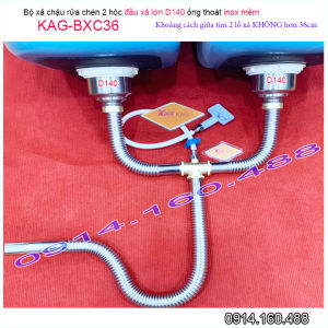 Bộ xả chậu rửa chén đôi inox 304 KAG-BXC36 chậu lỗ thoát to bộ ống thoát bồn rửa bát  2 hố D140 chất liệu SUS304 siêu bền thoát nước nhanh sử dụng tốt