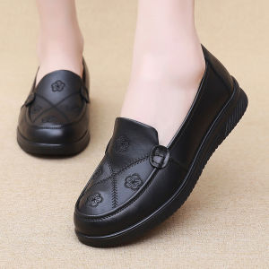 YUAAE Black Leather Loafers For Women Embroidery Detail Round Toe Non Slip Thick Sole Comfortable Casual Office And Daily