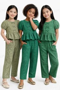AA Elegant Green Plaid Ruffle Peplum Top and Wide Leg Pants Set for Women