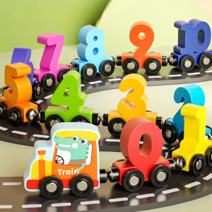 Aoduoyaya Magnetic Dinosaur Train Number Wooden Toy Learning Cars with Numbers Color Train Montessori Toys for Kids