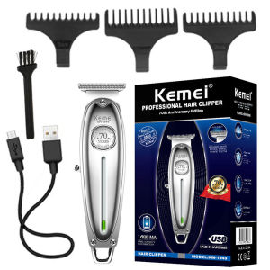 Kemei KM-1949 Professional Hair Clipper All Men Electric Metal Cordless Hair Clipper 0mm Canopy Head T Blade Finish Hair Cutting Machine-Silver