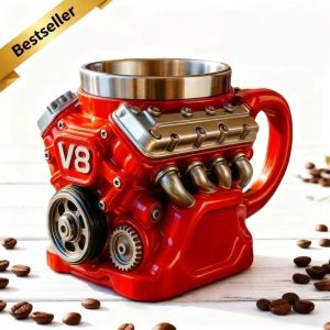 JURHOMIE Double Wall Engine Coffee Mug with Handle Retro Insulation Car Mug Personalized Realistic Design V8 Engines Stainless Steel Cup Gifts for Men and Boys