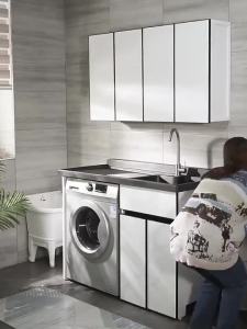 Space Aluminum All-in-One Balcony Washing hine Cabinet Combo for Front Load Washer with Washboard & Laundry Sink