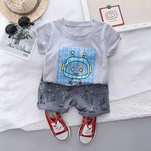 Setelan Anak Laki-laki 2in1 Kaos Pendek Motif Kartun Robot Tulisan Angka Celana Pendek Cargo Lipit Ujung Baju Anak Balita Musim Panas Bahan Halus Tahan Pakai 6 Bulan-5 Tahun