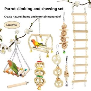 OUTOPEN 8Pcs Set Bell Perch Parrot Toy Set Wood Hanging Hammock Combination Bird Toys Nibbling Play Swing Parrot Training Toys Bird Cage Decoration