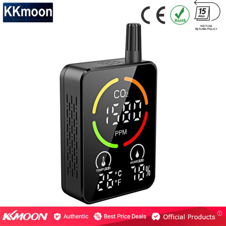 KKmoon เครื่องวัดคุณภาพอากาศเครื่องตรวจจับ CO2 3 In 1เครื่องทดสอบที่แม่นยำสำหรับ CO2อุณหภูมิความชื้น NDIR เซนเซอร์เครื่องวัดก๊าซคาร์บอนไดออกไซด์เครื่องทดสอบความเข้มข้นพร้อมเสียงเตือน
