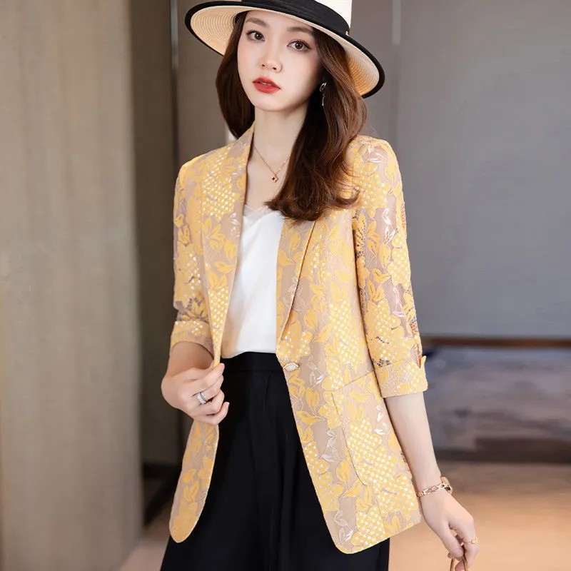 Plus Size S-4XL Women Blazer Jacket Three Quarter Sleeve Lace Floral Short  Slim Spring Summer Autumn Fashion Casual Elegant Business Formal Office