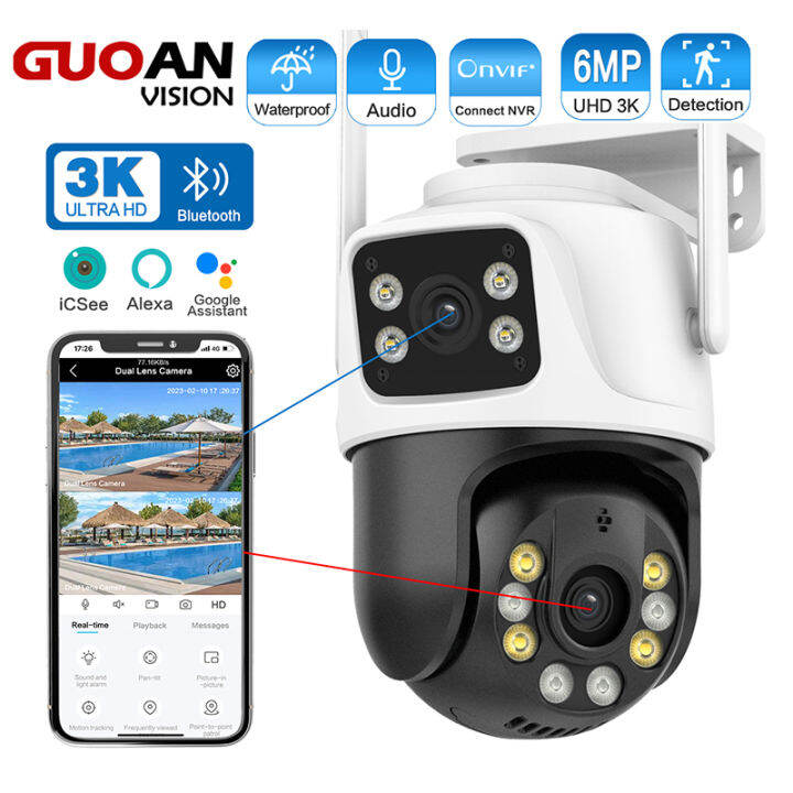 GUOANVISION 8MP CCTV Camera iCSee PTZ Dual Lens Dual Screen Auto ...