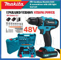 （COD）Makita cordless drill rechargeable portable dril Heavy Duty Original 48V wireless drill 2 Battery Brushless Set Drill Power Tool Bit. 