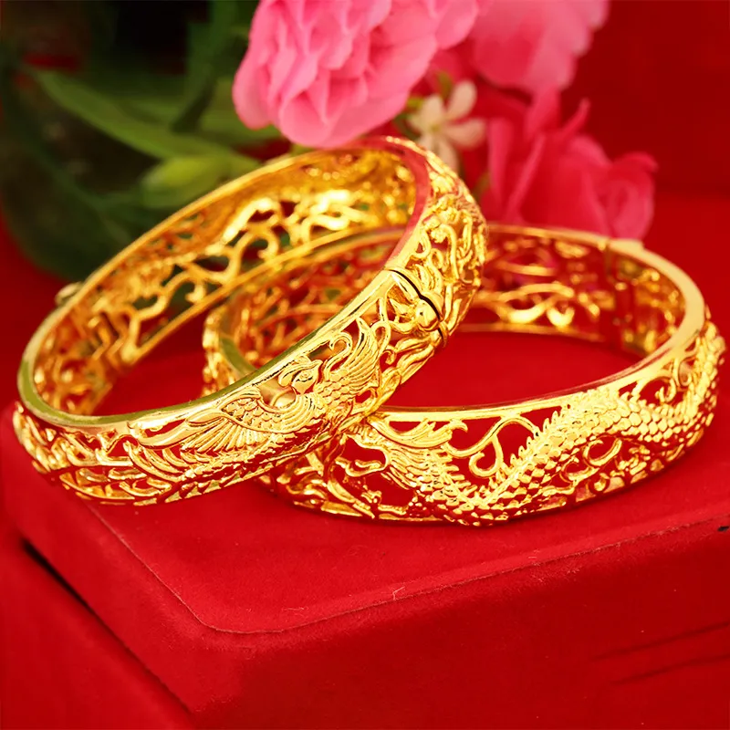 Original 916 gold bracelet wedding hollow 12mm dragon and phoenix