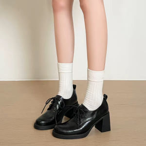 Free Shipping Lace-Up Loafers For Petite Women Pointed-Toe Thick-Soled High-Heeled Comfortable For Commuting Stylish Small Leather Shoes