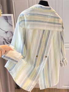 Spring And Autumn Cotton And Linen Contrasting Striped Long-Sleeved Shirt Chic Versatile Top For Women