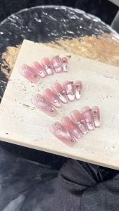 【HANDMADE+Free Glue】Artificial Nail Queen of Romance Cats Eye Heart Pink Blush Gradient Crystal Phototherapy Fake Nail Patch Press on Nails Reusable
